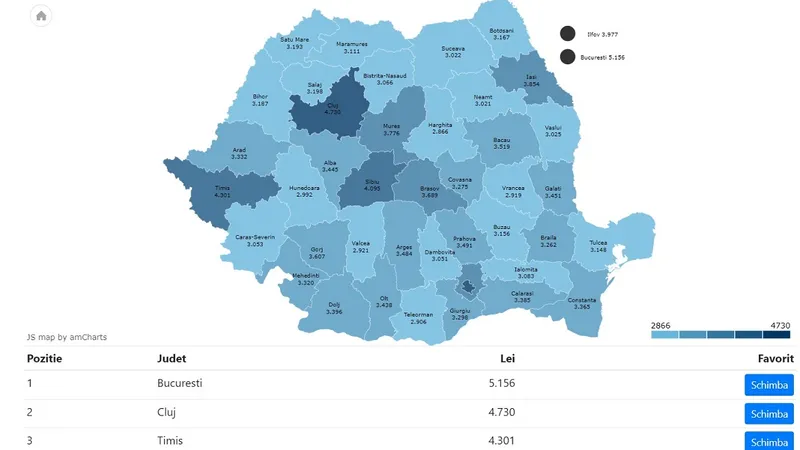 Harta salariilor medii în România FOTO: http://statisticiromania.ro/