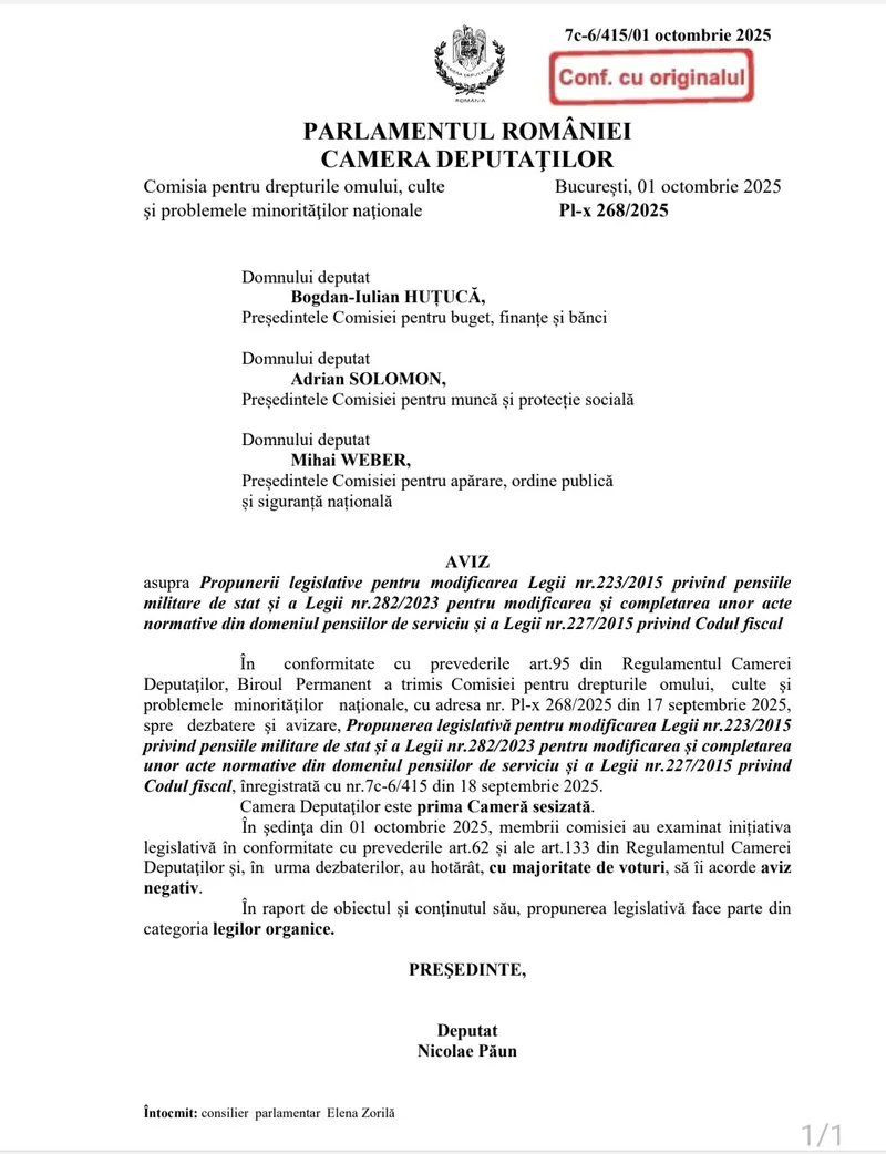 Aviz negativ pe Proiect de lege carear crește pensiile militare - Foto: Cdep