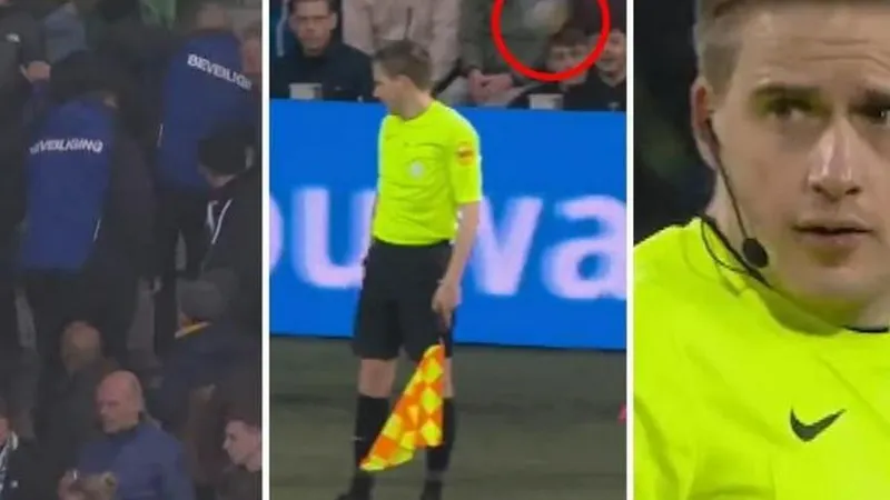 Meciul de fotbal dintre echipele Groningen şi NEC Nijmegen, oprit după ce tușierul a fost lovit cu un pahar de plastic. - Foto: Twitter