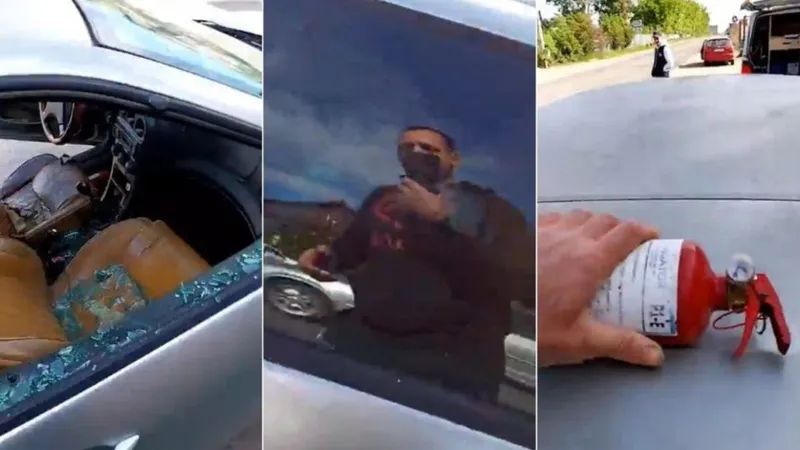 Și-a distrus mașina în fața polițiștilor într-un live. De ce a recurs șoferul la gestul necugetat? Foto: captura video si colaj Antena3