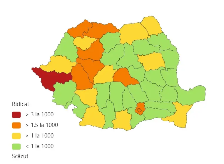 Harta cu incidența pe județe. sursa: datelazi.ro