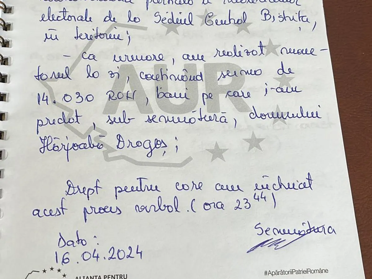 Proces verbal semnat de Make, mâna dreaptă a lui Simion, prin care ia bani la sacoșă.