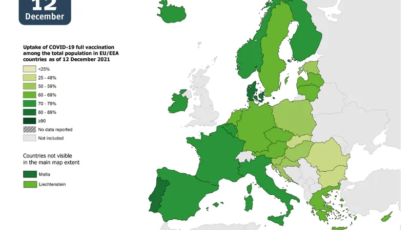 Progresul vaccinării la un an de la demararea campaniei în Europa. Sursă: ECDC