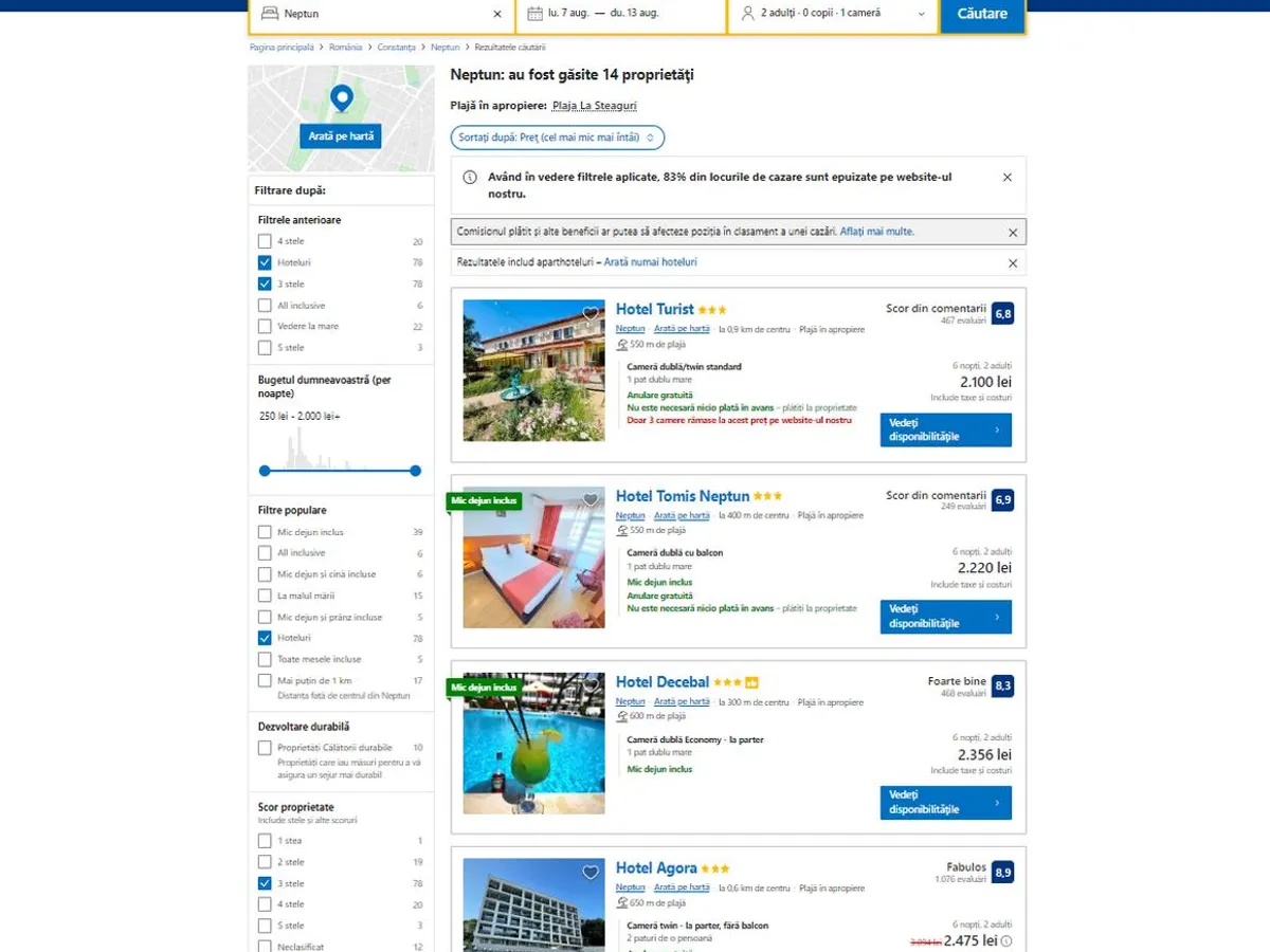 Hotelierii de pe Litoral au „înghețat” prețurile. Nu au turiști, gradul de ocupare e sub 70% - Foto: captură ecran booking.com