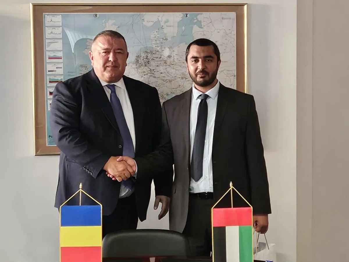 Președintele Camerei de Comerț și Industrie a României, Mihai Daraban, a avut o întrevedere cu vicepreședintele pentru dezvoltare Khalifa Economic Zones Abu Dhabi (KEZAD), dl Khalid Al Marzooqi Foto: CCIR