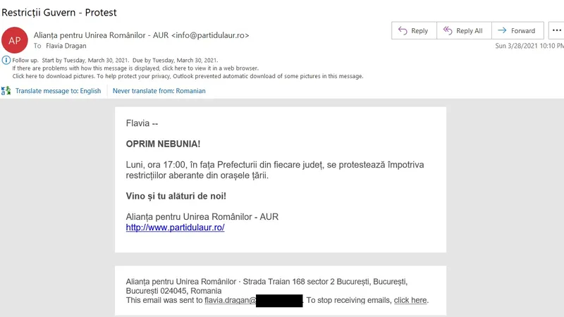 Emailul de la AUR primit de reporterul Newsweek România