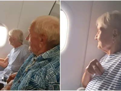 Reacția a doi bunici care au zburat cu avionul pentru prima dată. Nepotul le-a făcut o surpriză - Foto: Captura video