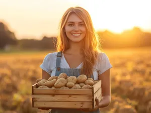 Femeie frumoasă care are în brațe o ladă cu cartofi - Foto: Freepik