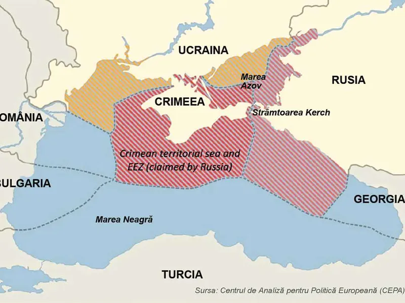 Apele teritoriale ale Ucrainei și vecinii săi în Marea Neagră. De când Rusia a anexat ilegal Crimeea în 2014, Ucraina a pierdut aproape 2 treimi din litoralul său în favoarea vecinului agresiv