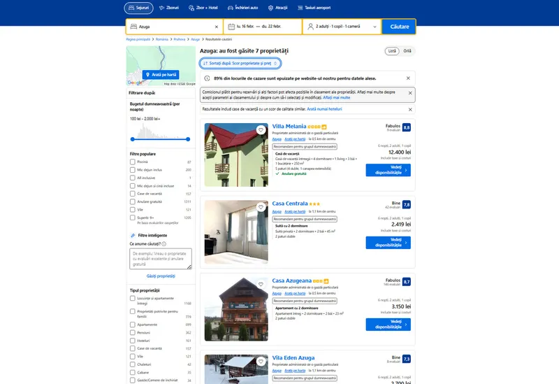 Tarife cazare Azuga, februarie 2026 - Foto: captură ecran Booking
