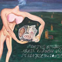 Poetul Geo Bogza arată capului său peisajul cu sonde - Victor Brauner