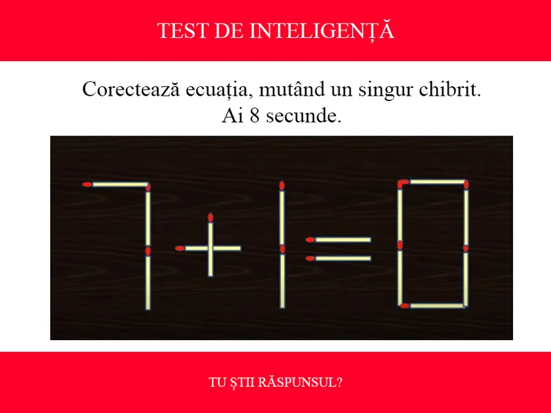 TEST DE INTELIGENȚĂ Corectează ecuația 7+1=0, mutând un singur chibrit. Ai doar 8 secunde să rezolvi - Foto: Colaj Newsweek