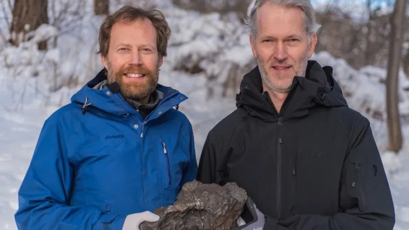 Meteorit de 14 kg ținut de cercetătorii care l-au descoperit/FOTO: thelocal.se