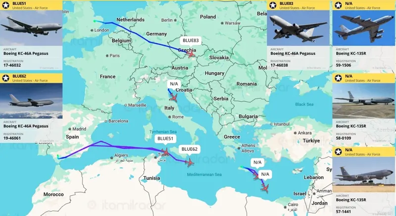 Avioanele cisternă au decolat din Statele Unite miercuri, 22 octombrie, traversând Atlanticul și Europa - Foto: ItaMilRadar