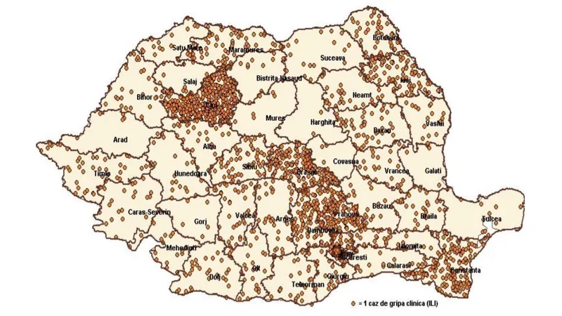 Răspândirea cazurilor de gripă în România. Sursa: Centrul de Control și Supraveghere a Bolilor Transmisibile