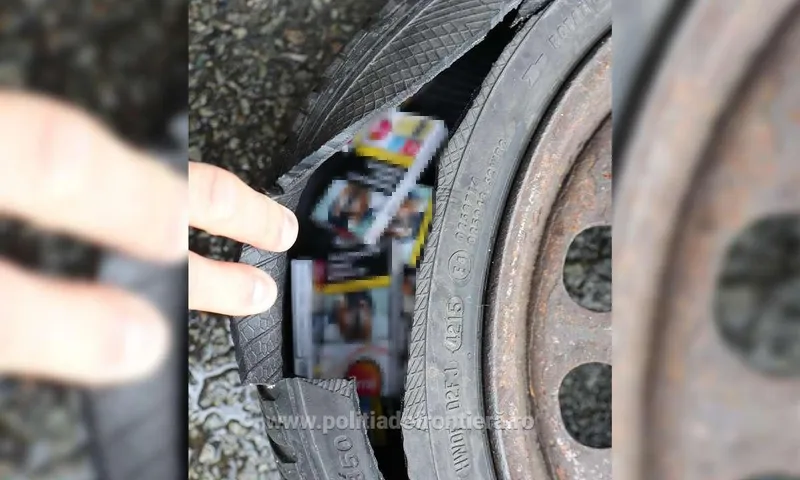 Țigări &icirc;n roata de rezervă - Foto: Poliția de Frontieră