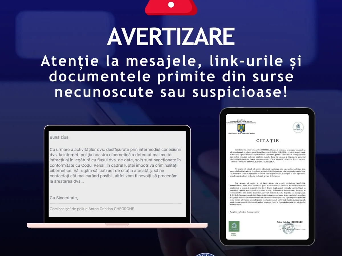 Avertizare fraudă online - Foto: Facebook/Directoratul Național de Securitate Cibernetică - DNSC
