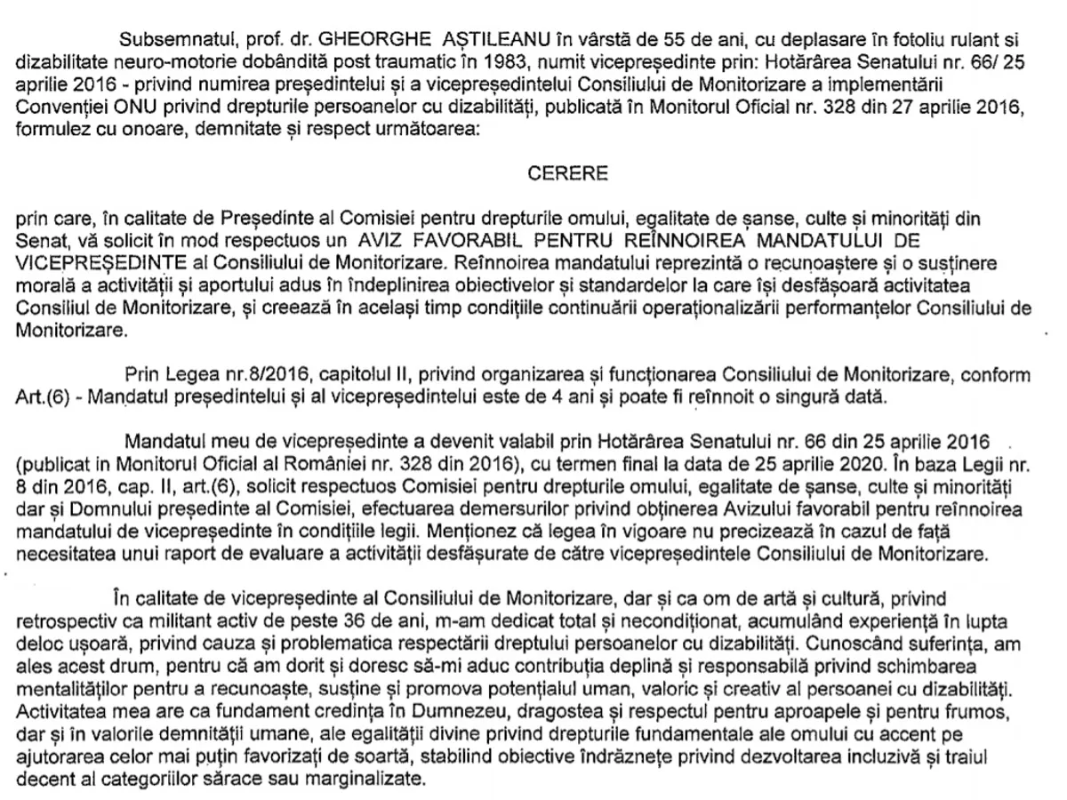 Fragment din scrisoarea prin care actualul vicepreședinte al CM cere reînnoirea mandatului. Sursa: Senat