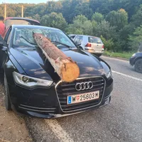 Un buștean a căzut dintr-un TIR cu lemne și s-a înfipt în parbrizul unui Audi din Austria - Foto: Facebook/INFO TRAFIC ROMANIA