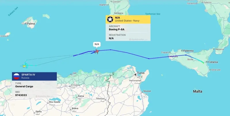 Avion Poseidon al SUA urmărește convoiul maritim al Rusiei &icirc;n Mediterana - Foto: ItaMilRadar