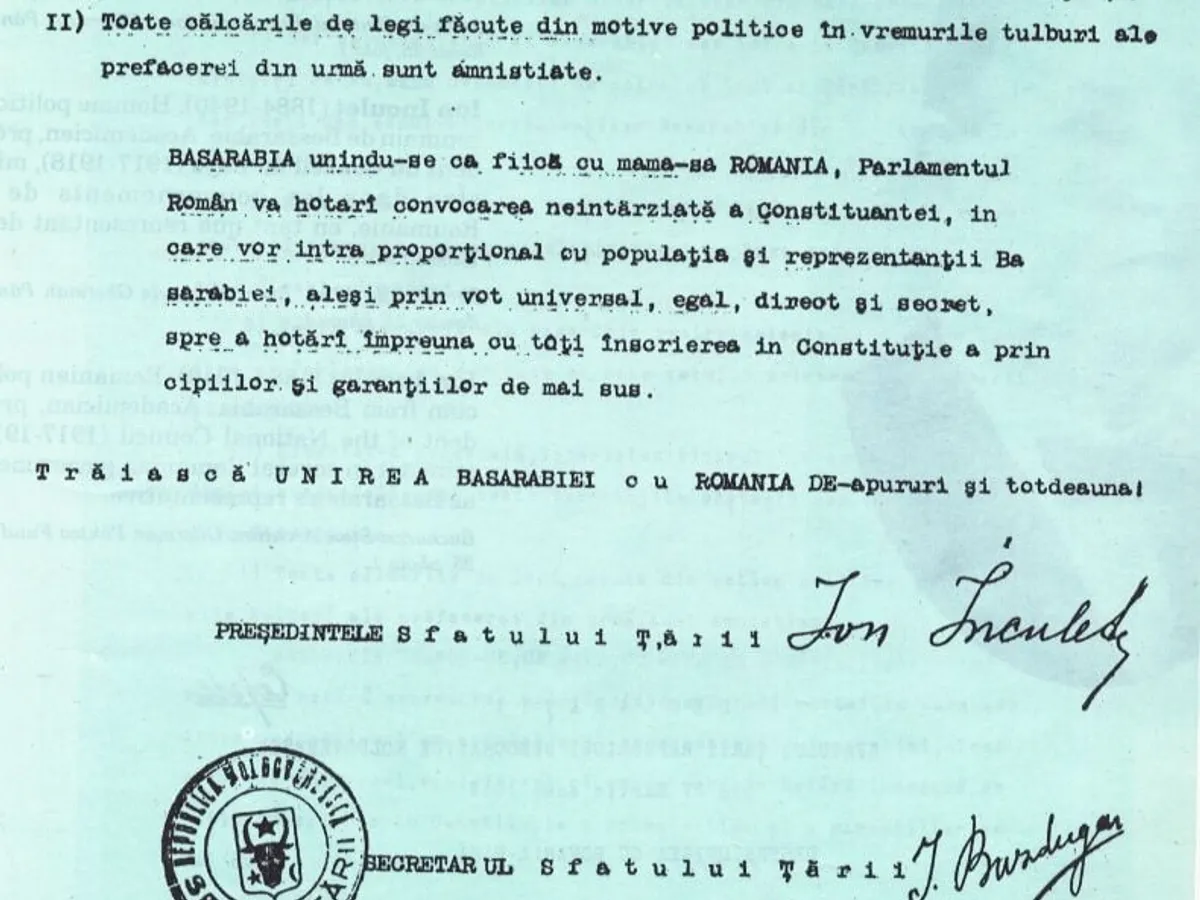Actul unirii Basarabiei cu România - 27 martie/9 aprilie 1918. Sursa: Arhivele Diplomatice ale MAE