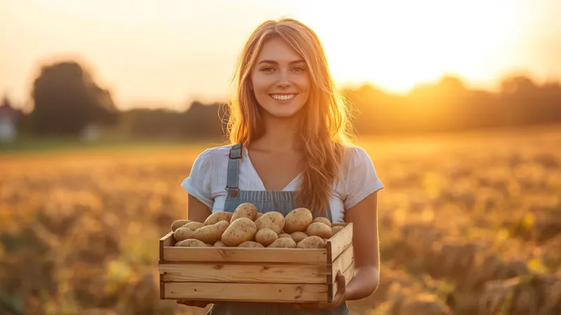 Femeie frumoasă care are în brațe o ladă cu cartofi - Foto: Freepik