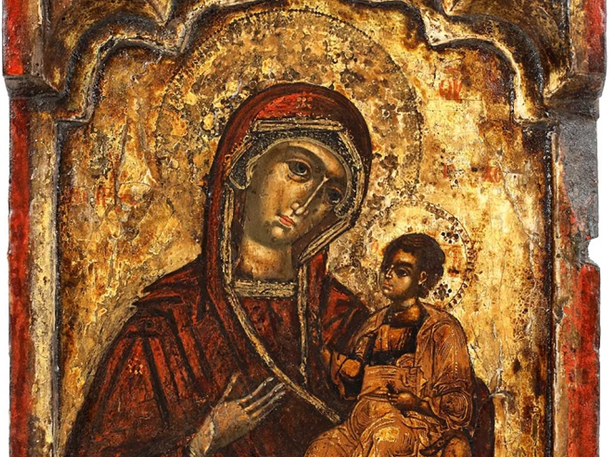 Icoană pe lemn, Maica Domnului cu Pruncul (Hodighitria), Țara Românească, școală grecească, perioada Mihai Viteazul, sfârșitul sec. XVI - începutul sec. XVII, piesă rară, de colecție