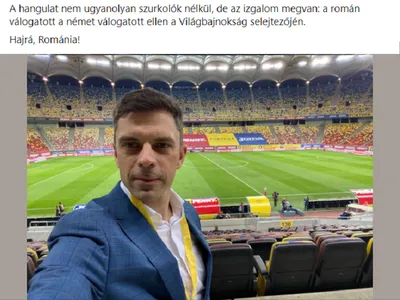 Ministrul Tineretului și Sporului, Eduard Novak, s-a pozat în tribunele meciului de fotbal România - Germania fără mască Foto: Facebook