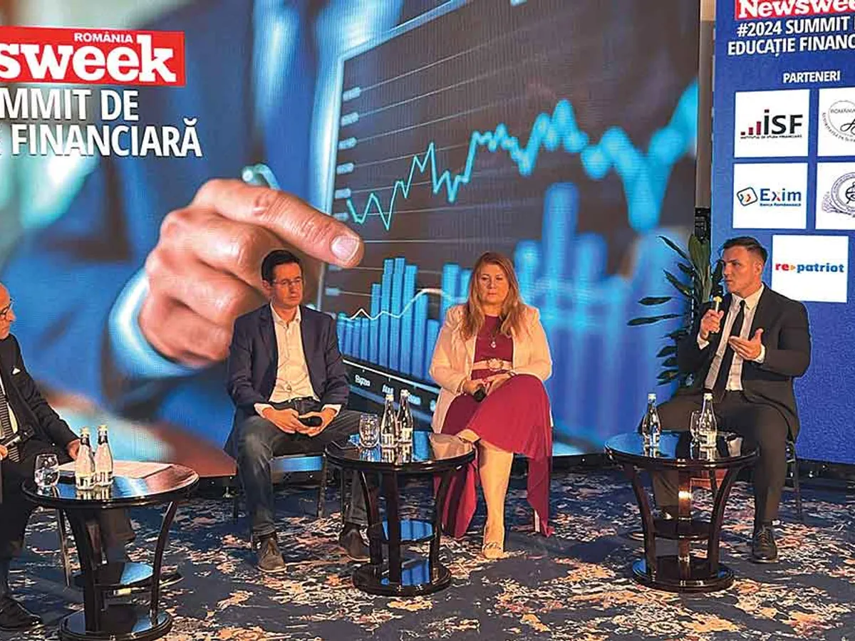 Sabin Orcan, director Newsweek România, Cristi Tudorescu, expert piețe de capital, Ileana Botez, Head of Listing & Fluent in Finance Project Coordinator, BVB, și Radu Puiu, analist financiar XTB