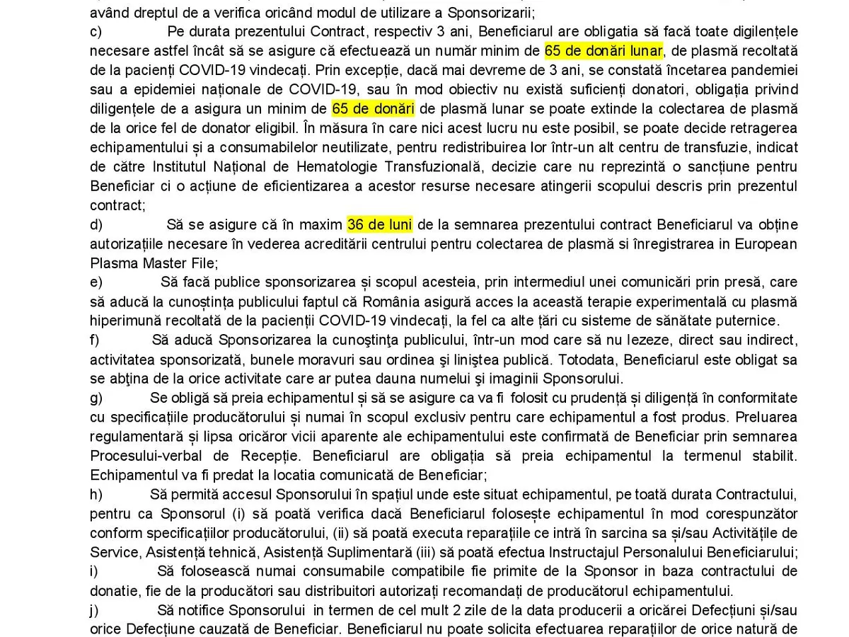O parte dintre prevederile contractului cu centrele de transfuzie. Contract pus la dispoziție de Bexmas Pharma