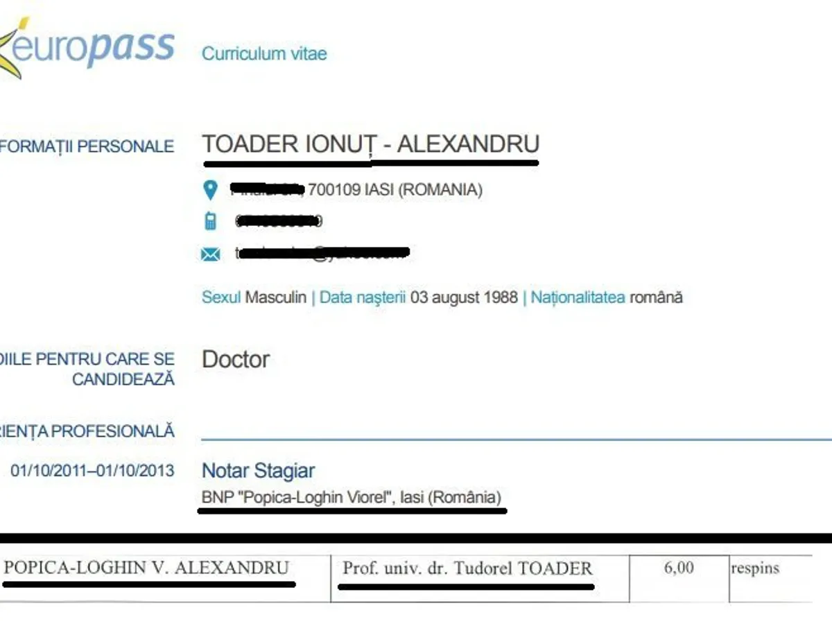 În CV, fiul cel mare al lui Toader a trecut perioada de stagiatură la Popica Loghin. Ulterior, finul Popica Loghin a dorit să-l aibă pe naș la doctorat, dar a fost respins la examenul de admitere