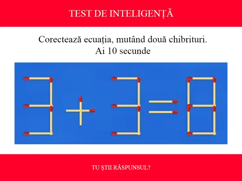 TEST DE INTELIGENȚĂ Corectează ecuația 3+3=8, mutând două chibrituri. Ai 10 secunde. Doar 2% reușesc - Foto: Colaj Newsweek