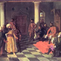 Vlad Țepeș pe tronul Țării Românești Foto: pIctură Theodor Aman - Vlad Țepeș și solii turci