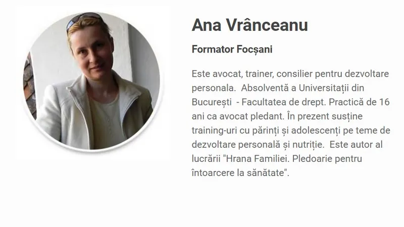 Ana Vrânceanu sau Ana Corina Săcrieru. Prezentare pe site-ul Școala Familiei