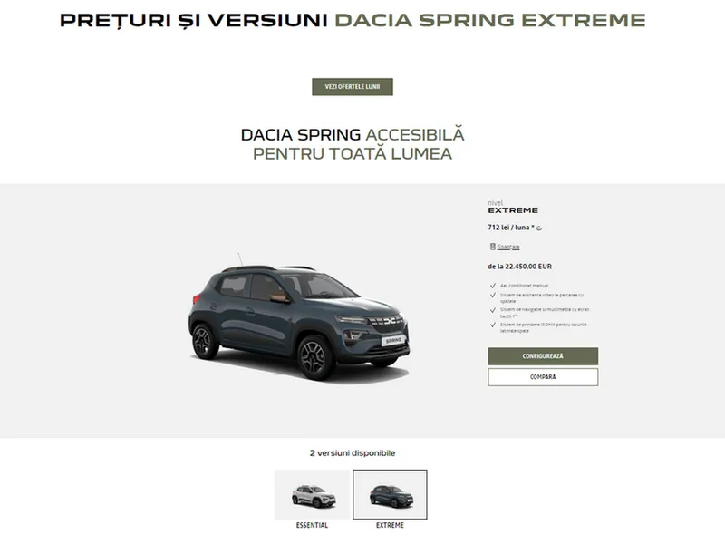 Dacia Spring costă 20.800 € în România, 22.750 € în Germania, 21.450 € în Italia. În China, 7.900 € - Foto: captură ecran