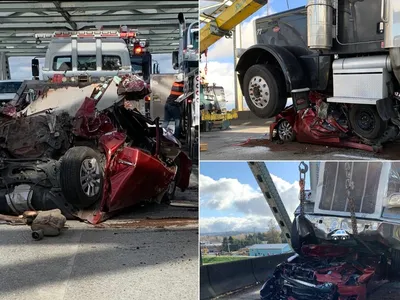Femeia care a supraviețuit se afla în mașina de sub camion Foto: Twitter
