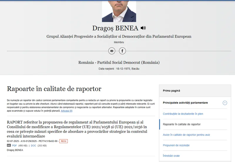 Dragoș Benea, contribuții - FOTO: Parlament European