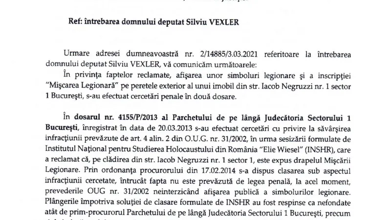 Răspunsul primit de Silviu Vexler de la Parchetul General. Sursă: Facebook