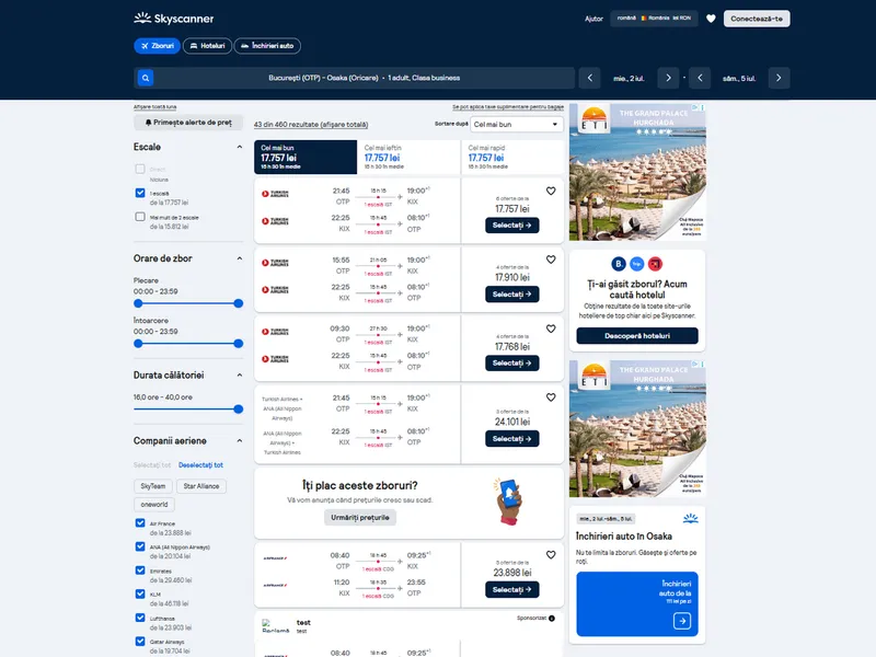 Criză bugetară? Noul președinte al Senatului, bilet de avion București - Osaka de 7.000€. Explicația - Foto: captură ecran skyscanner.ro