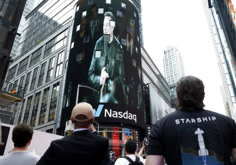 Ecran gigantic &icirc;n Times Square, New York, cu ELon Musk, la lansare pe NASDAQ a Space X - Foto: Profimedia Images