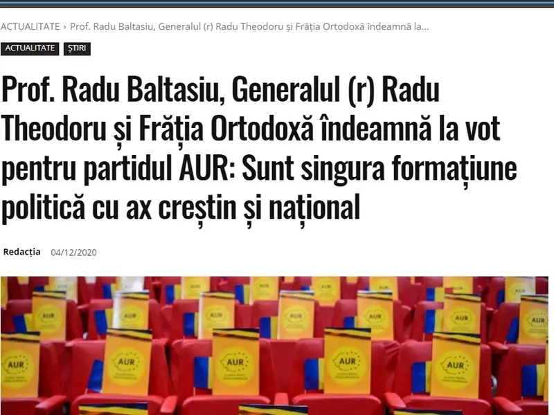 Theodoru, citat în R3Media, îndemnând oamenii să voteze AUR