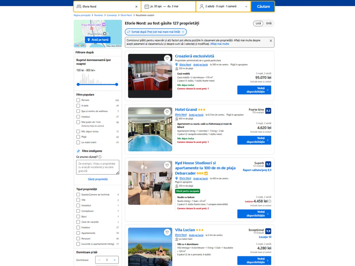 Cele mai scumpe cazări în Eforie Nord de 1 Mai 2026 - Foto: Booking.com