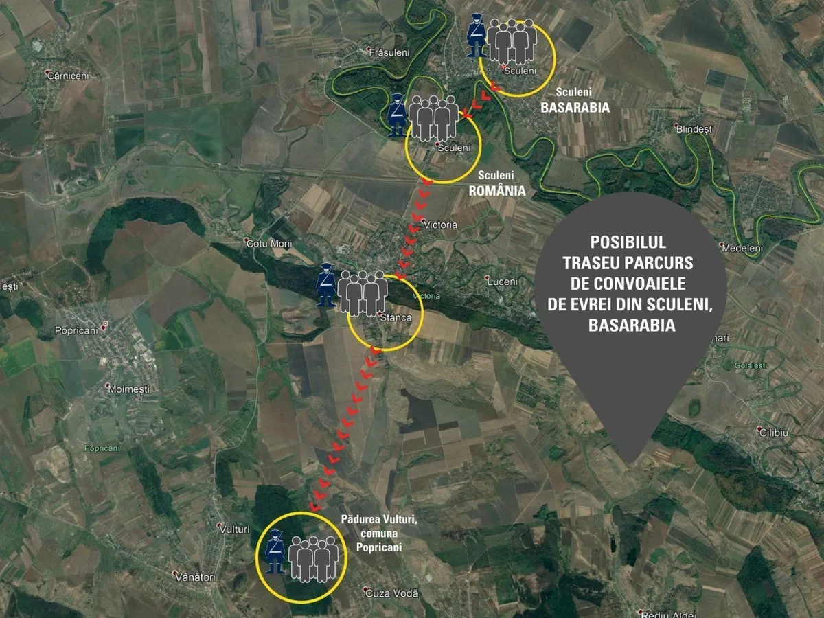 Harta cu posibilul traseu al convoaielor de evrei din Sculeni, Basarabia, este realizata de INSHR-EW.