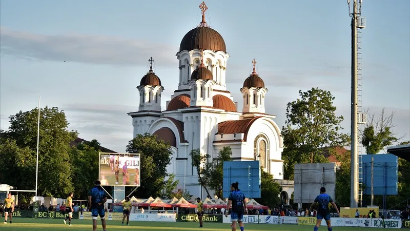 Clopotele Bisericii Cașin se aud atunci când se joacă rugby pe Stadionul Arcul de Triumf Foto: Dragoș Păscăneanu