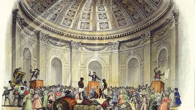 Piața de sclavi africani Rotonda, New Orleans, gravură de William Henry Brooke – 1842