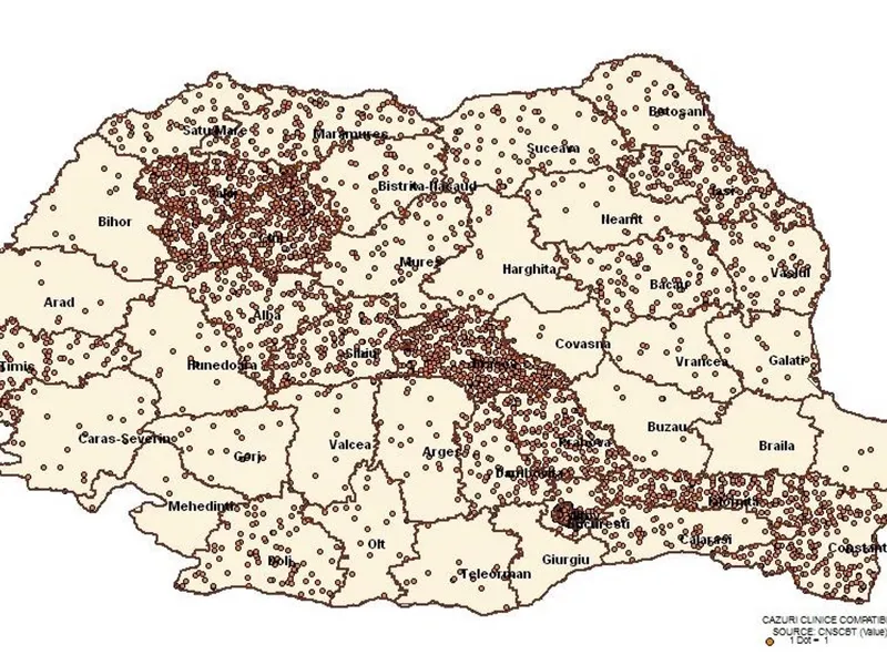 Numărul cazurilor de gripă din România, pe județe. Sursa: CNSCBT