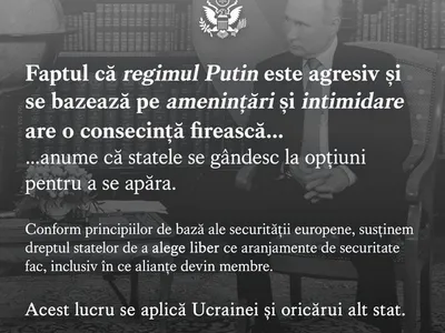 Ambasada SUA: „Regimul Putin este agresiv şi se bazează pe ameninţări (...) Stop propagandei false!”. / Foto: U.S. Embassy Bucharest, Facebook