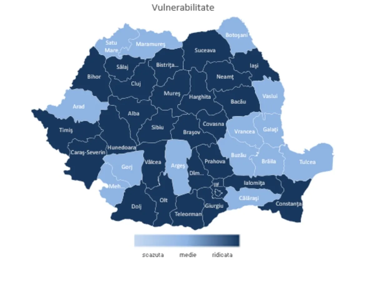 Așa arăta harta vulnerabilității la COVID pe județe, săptămâna trecută, ultima în care a fost publicată. Sursa: INSP