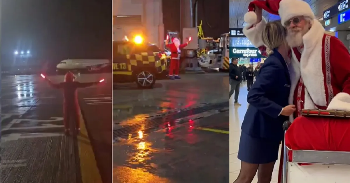 VIDEO Moș Crăciun a dirijat avioane pe Aeroportul Henri Coandă. Apoi a dat bomboane pasagerilor • Newsweek România