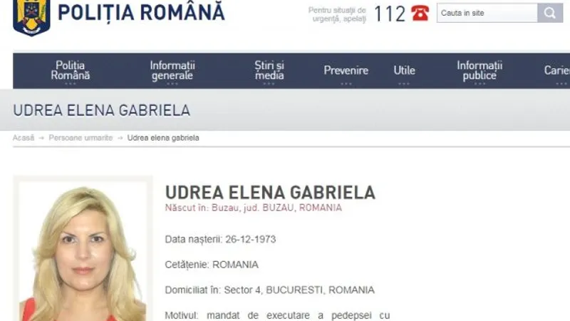 Elena Udrea apare pe site-ul Polției Române